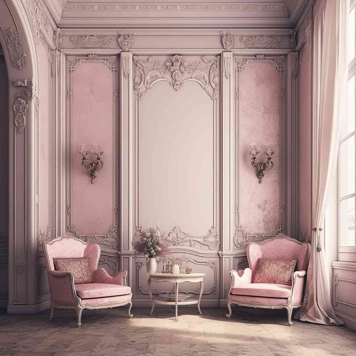 Interior în stil rococo cu două fotolii și o măsuță